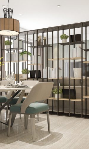 3d rendering loft luxury living room with shelf near dining table