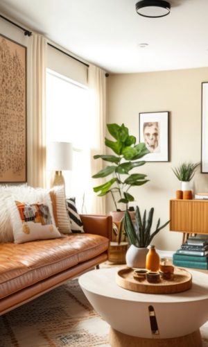 living room Mid Century style with warm colors. Ai generative